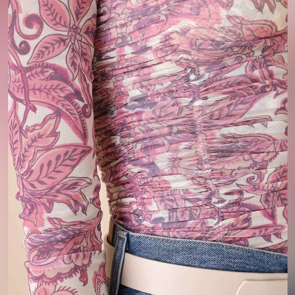 Free People X REVOLVE Under It All Bodysuit Ruched Long Sleeve Peony Combo XS